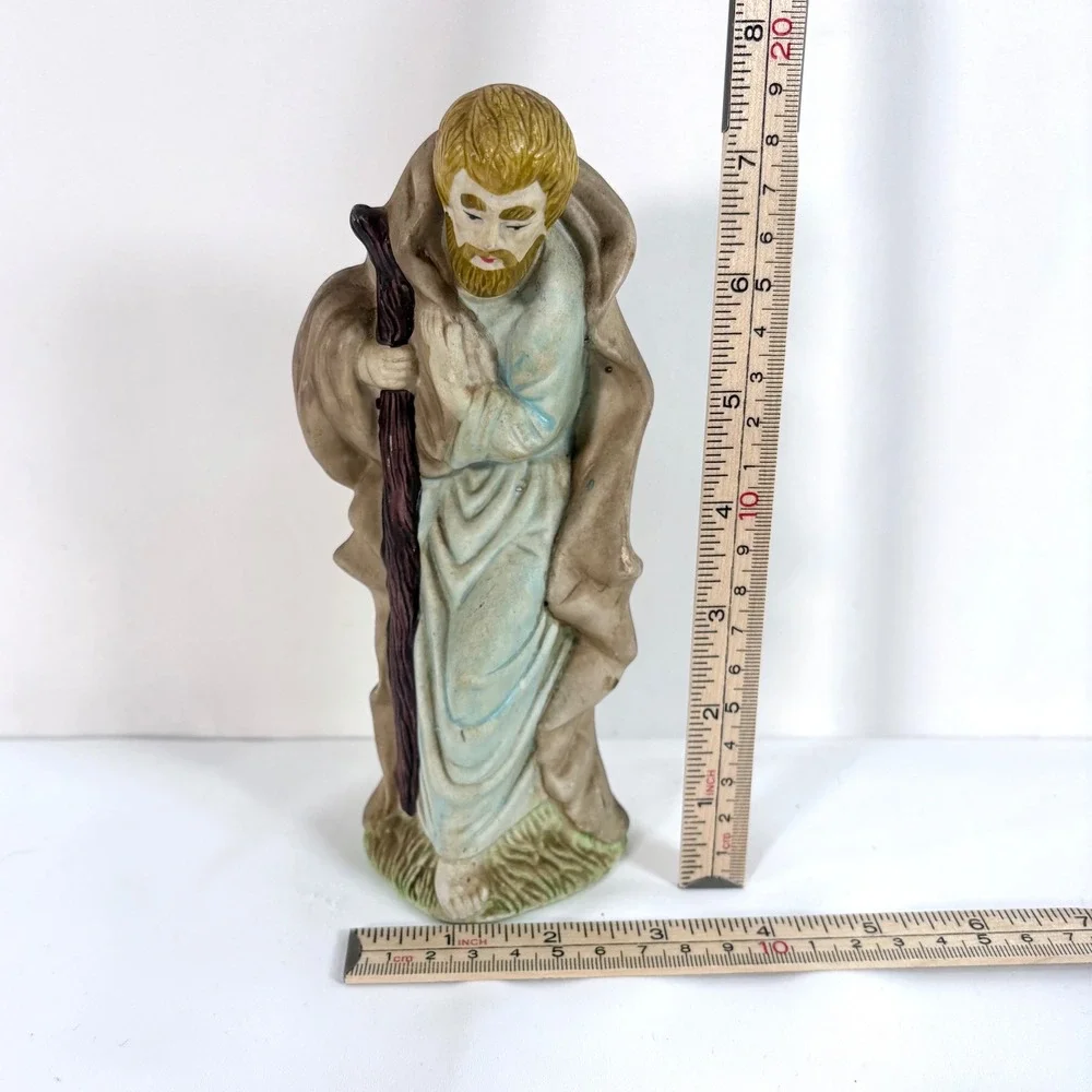 Saint Joseph Nativity Figurine Brown Blue Ceramic Standing with Staff